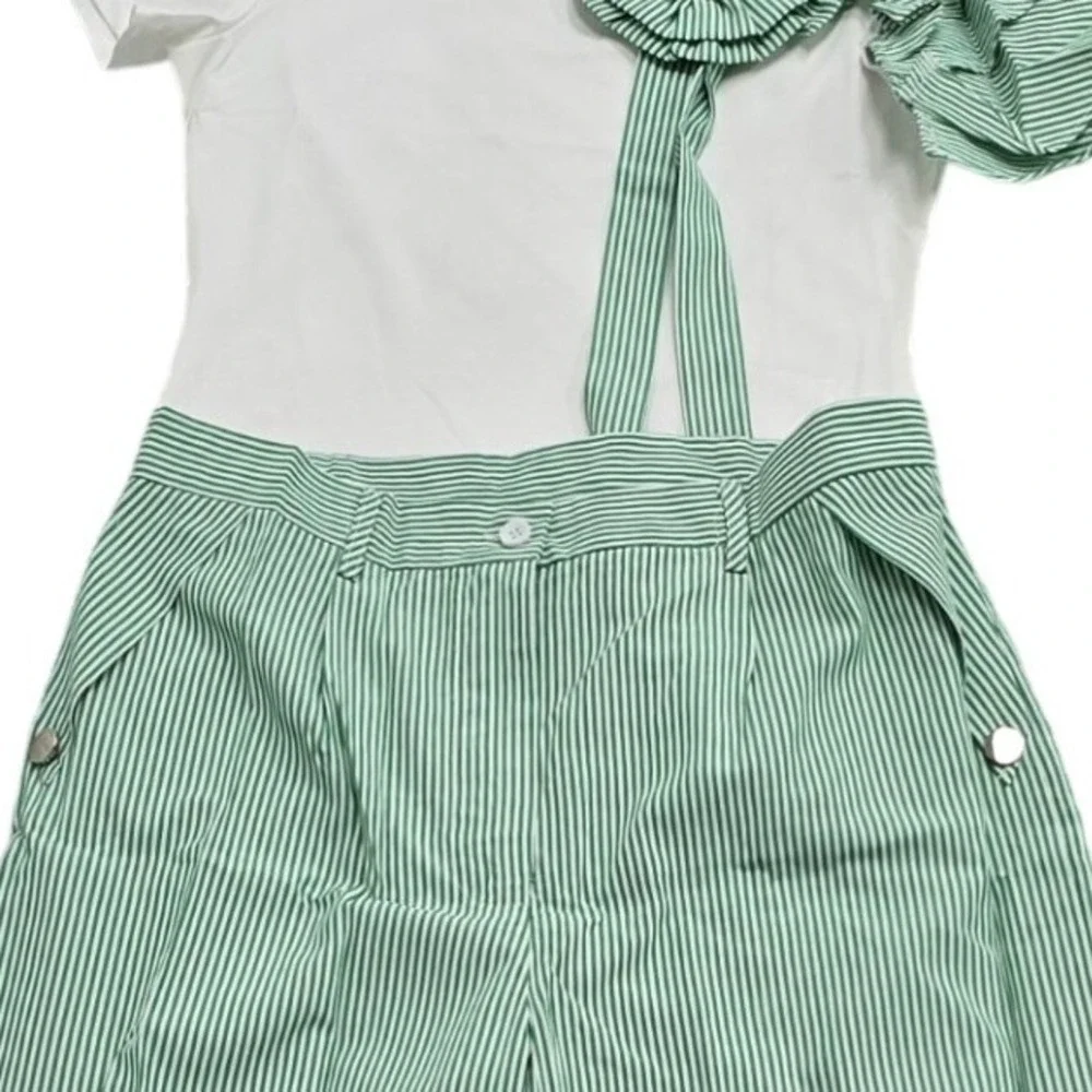 2 Piece Striped Palazzo Pants Set Rosette Top Wide Leg Green White Womens L NIP